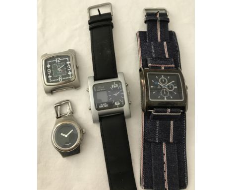 4 fashion watches, 2 digital watch heads and 2 with straps. Fossil circular face "Big Tic" watch head with black dial, square