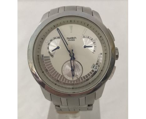A stainless steel gents Swatch Swiss made chronograph watch. Water resistant, 4 jewels on stainless steel linked strap. 