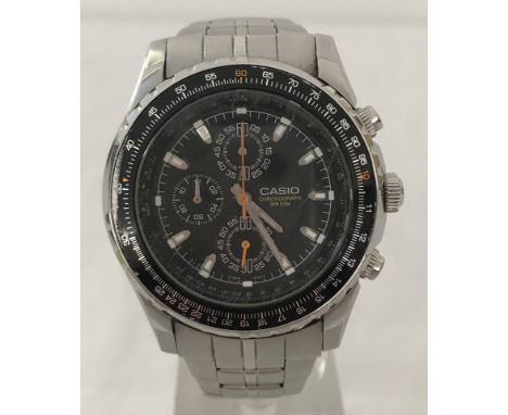 Aviators Chronograph stainless steel cased wristwatch by Casio with black multi function dial. Slide rule bezel with mineral 