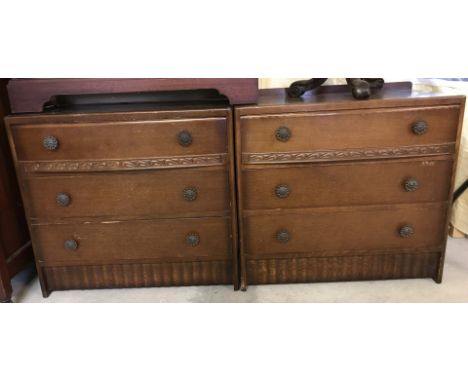 2 matching vintage 3 drawer cabinets with bow fronted top drawers with carved panel detail.  Approx. 76cm wide x 70cm tall.