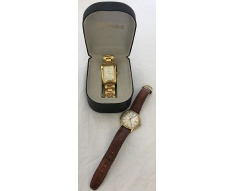 2 gentleman's wrist watches, one boxed. Boxed Vivaldi quarts watch with gold tone bracelet together with a leather strap Rota