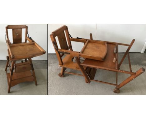 A vintage Bavey Built wooden high chair which converts to walker. Original labels in tact. Approx. 93cm tall.