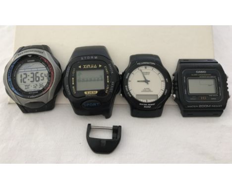 4 vintage gents digital watch heads. Casio Sea pathfinder, Storm Xinjia, Casio Duel time chronograph and Casio 200mt WR Lithi