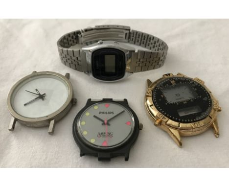 3 vintage watch heads together with a ladies Casio digital lithium watch on stainless steel strap. Pegasus gold tone quartz t