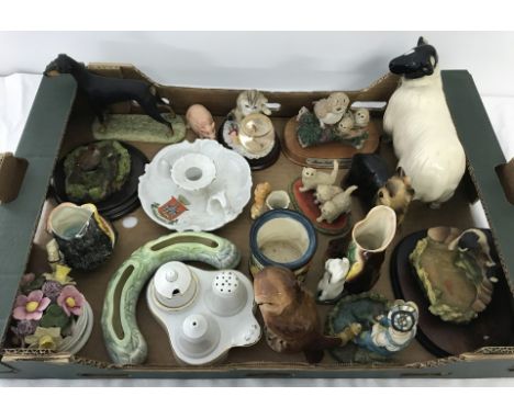 A box of assorted ceramic and resin figurines. To include, Border Fine Arts, Aynsley, Leonardo and Danbury Mint. 