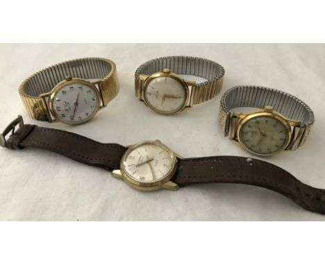 4 gents vintage watches, 3 with expanding bracelet straps 1 with a leather strap. Comprising Andrew the Hatton 17 jewels shoc
