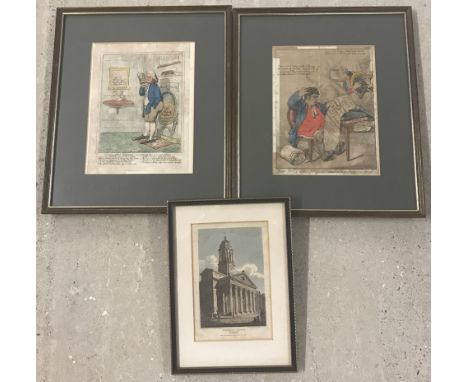 2 x 18th/19th century political cartoons, together with a coloured print of St. George's Church. Cartoons possibly by James G