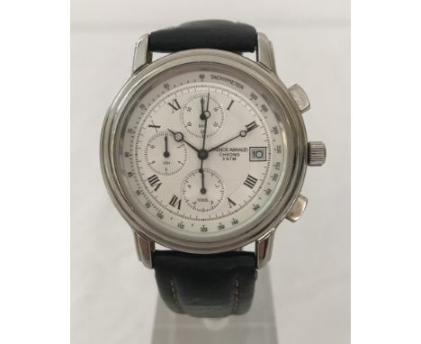 Patrick Arnaud gents stainless steel 3ATM chronograph wristwatch on black leather strap. Tachymeter, date calendar, 1/20s and