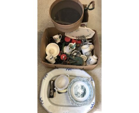 A large quantity of kitchenalia. To include a large ceramic meat plate, flour sifters, Bovril jars and a Royal Norfolk Horlic