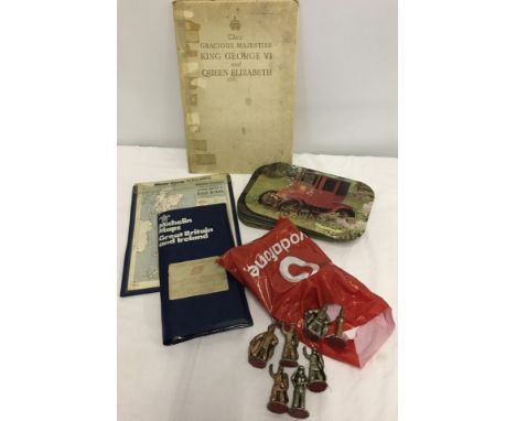 A box of assorted misc items. Comprising; maps, vintage cars placemats, Their Gracious Majesties King George VI & Queen Eliza