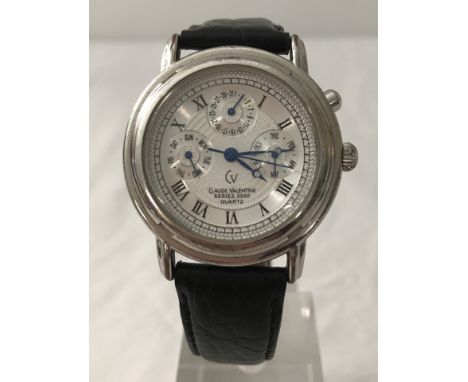 Claude Valentini series 3000 quartz chronograph watch on black leather strap. With engined detail to dial, blue steel hands a