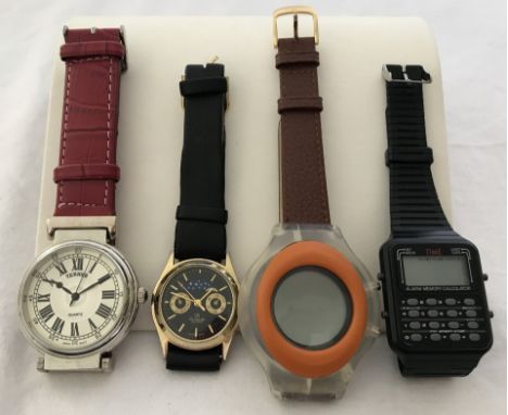 2 digital watches together with 2 analogue watches all with straps. A circular cased Terner quartz watch with roman numeral d