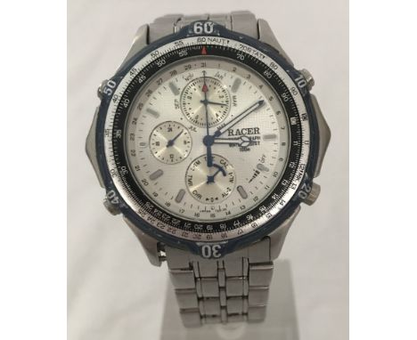 Gents Racer sailing chronograph watch on original stainless steel strap. With blue bezel, 100mt nautical timer, date calendar