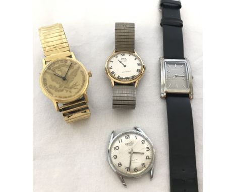 4 military mechanical watches to include 2 on metal expandable straps. A USA coin watch on gold tone expandable strap, a chro