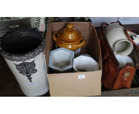 A pottery stick stand, jardinieres etc including a leather bag