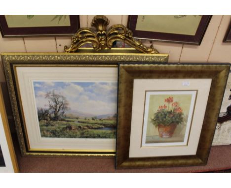 A Rococco gilt mirror, Philip Staton Hill Farm signed print plus one other still life