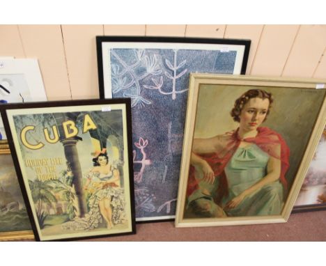 A cash till plus three pictures including Cuban tourist board print