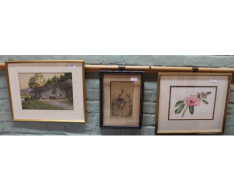 A watercolour, fortifications with horse and cart, a still life watercolour plus a 19th Century print of a mother and child