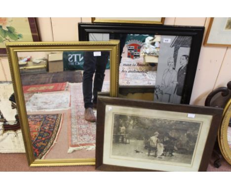 A Cadillac advertising mirror, gilt mirror plus an Edwardian print