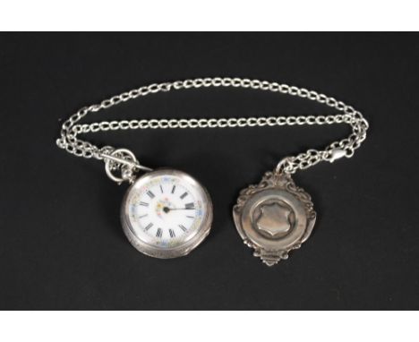 A lady's continental silver fob watch on white metal chain with fob