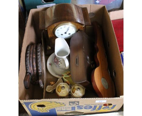 Mixed items including a mantel clock, alarm clock, bellows, china etc