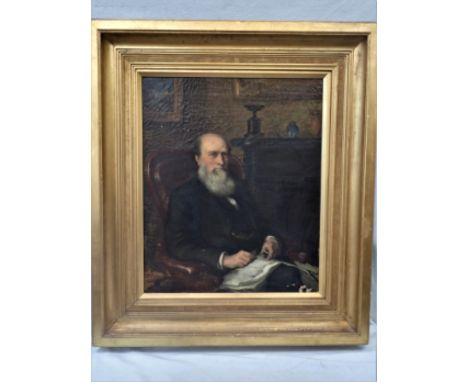 A VICTORIAN PORTRAIT OF A BEARDED GENTLEMAN seated in an interior, a newspaper on his lap, oil on canvas (flaking), gilt fram
