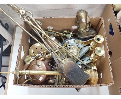 A SET OF BRASS FIRE TOOLS and similar metalware