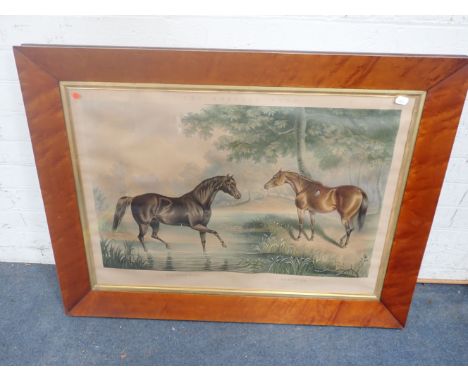 A LARGE 19TH CENTURY PRINT OF HORSES,'THE BRITISH STUD' 'SIR HERCULES' AND 'BEESWING' in a period maple frame, 71cm high x 93