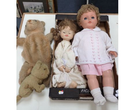 TWO VINTAGE DOLLS a plush lion and a Vintage pyjama case