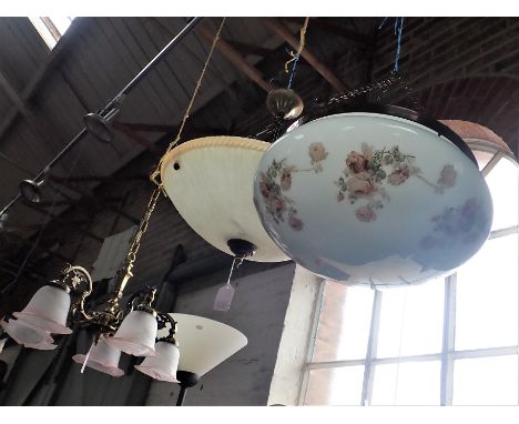 A 1920S GLASS HANGING LIGHT BOWL, WITH BRASS FRAME a reproduction light bowl, a five-branch chandelier with glass shades, and