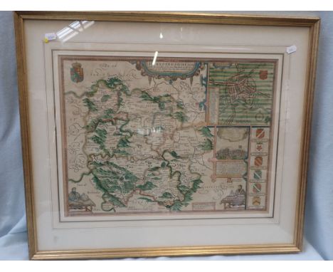 JOHN SPEEDE: HEREFORDSHIRE, C. 1676, ENGLISH TEXT VERSO sold by T. Bassett &amp; R. Chiswell, glazed both sides, coloured (pr