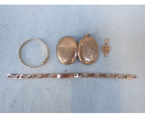 A YELLOW METAL LOCKET; '9CT BACK &amp; FRONT' a similar bangle, bracelet, and Maltese cross