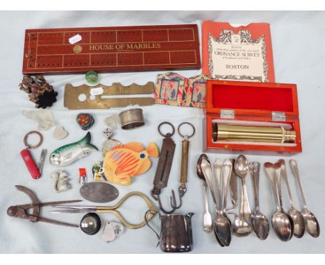 A BRASS BUTTON STICK, CASED TELESCOPE silver-plated items, and sundries
