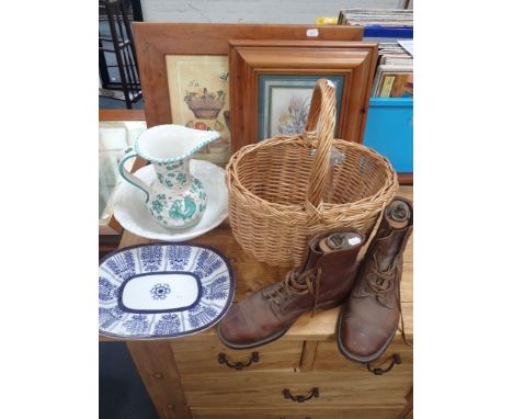A PAIR OF VINTAGE GENT'S BROWN BOOTS with trees, pictures, ceramics and sundries