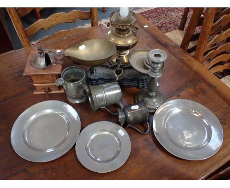 THREE  PEWTER MUGS, A SET OF KITCHEN SCALES a vintage coffee mill, and other items