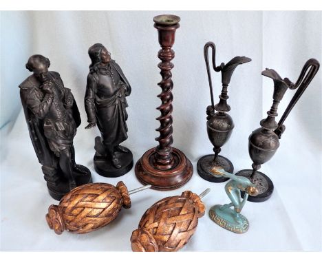 A PAIR OF BRONZED SPELTER FIGURES 'Shakspeare' and 'Milton' (broken fingers), a pair of spelter urns, a walnut barley-twist c