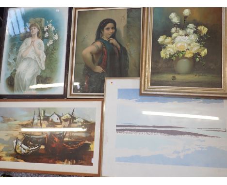 AN EMBOSSED PRINT, 'EVENING TIDE' indistinctly signed, 1979, and a further quantity of pictures and prints (5)