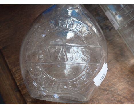 A PAIR OF VICTORIAN BLUE GLASS VASES a Vintage baby feeder, 'E Evans Chemist Dorchester' and similar glass