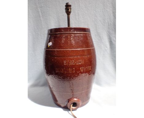 A VICTORIAN STONEWARE WATER BARREL and cover, converted to a lamp 'Etherium Drinking Water' 50 cm high incl. fitting (chip to
