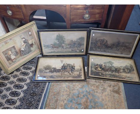 A SET OF FOUR 19TH CENTURY COACHING PRINTS and a Victorian print