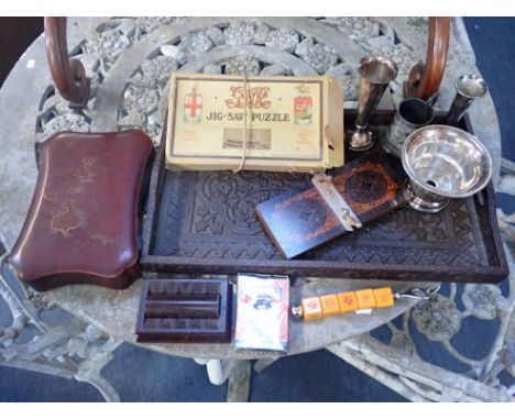 A CARVED WOODEN TRAY a Vintage jig-saw of the ship, 'St Julien' and similar items