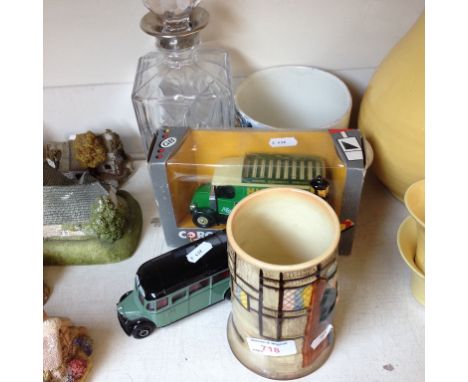 TWO MUGS. DECANTER AND TWO MODEL TRUCKS      D3