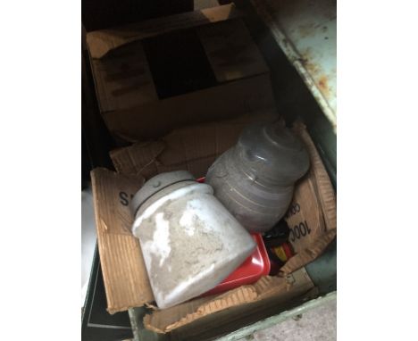 METAL TRUNK OF MISC. GLASSES, LIGHT SHADES
