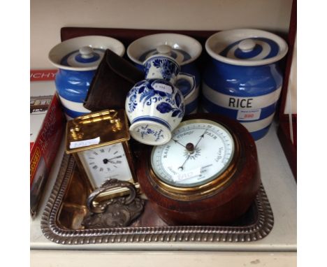 THREE TG GREEN JARS, BAROMETER, CARRIAGE CLOCK ETC.     C3