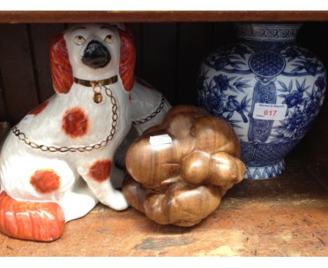 POT DOGS, WOODEN ORNAMENT AND BLUE VASE