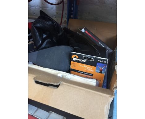 BOX OF MISC BOXED ITEMS, PHONE CASES, CAMERA CASES AND PAIR BLACK LADIES BOOTS