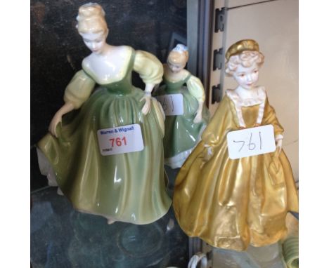 TWO DOULTON FIGURES FAIR LADY AND FAIR MAIDEN  AND WORCESTER FIGURE -DAMAGED   C