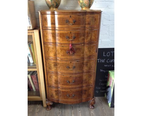 A CROSS BANDED BURR WALNUT GEORGIAN STYLE BOW FRONT TALLBOY CHEST OF DRAWERS   H137CM W70CM D54CM