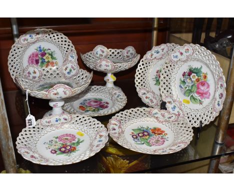 AN EIGHT PIECE MEISSEN FLORAL AND GILT DESSERT SET comprising two pedestal bowls with central floral motifs and five floral m