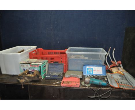 THREE TRAYS CONTAINING AUTOMOTIVE TOOLS, including socket sets, spanners, a Makita angle grinder (PAT fail due to uninsulated